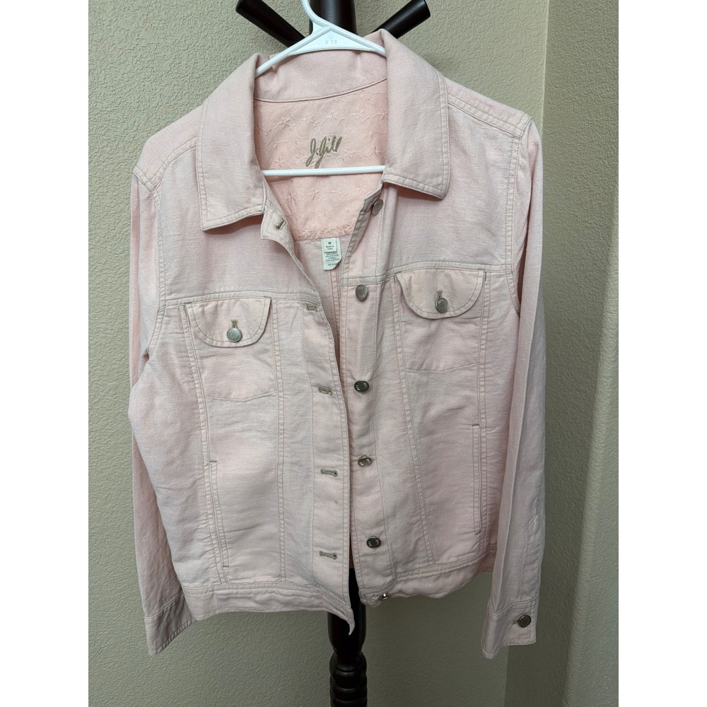 J. Jill Women Pink Linen Cotton Blend Button Front Trucker Jacket Size M